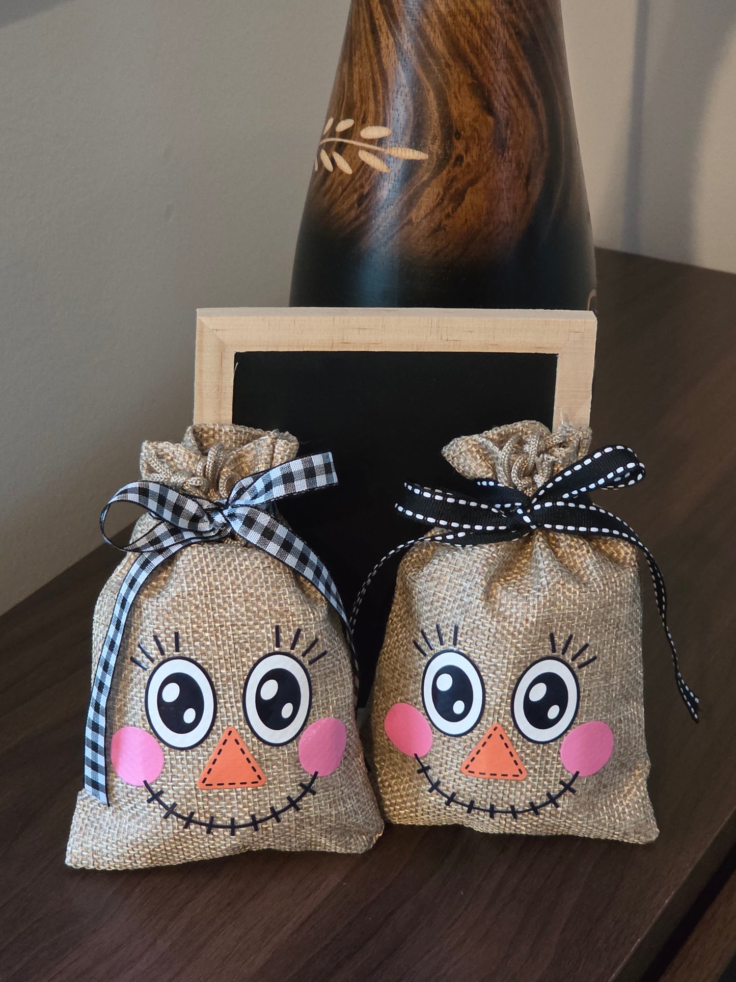 Small Scarecrow Burlap Drawstring Bags - 5 Designs - 2 Ribbon Choices