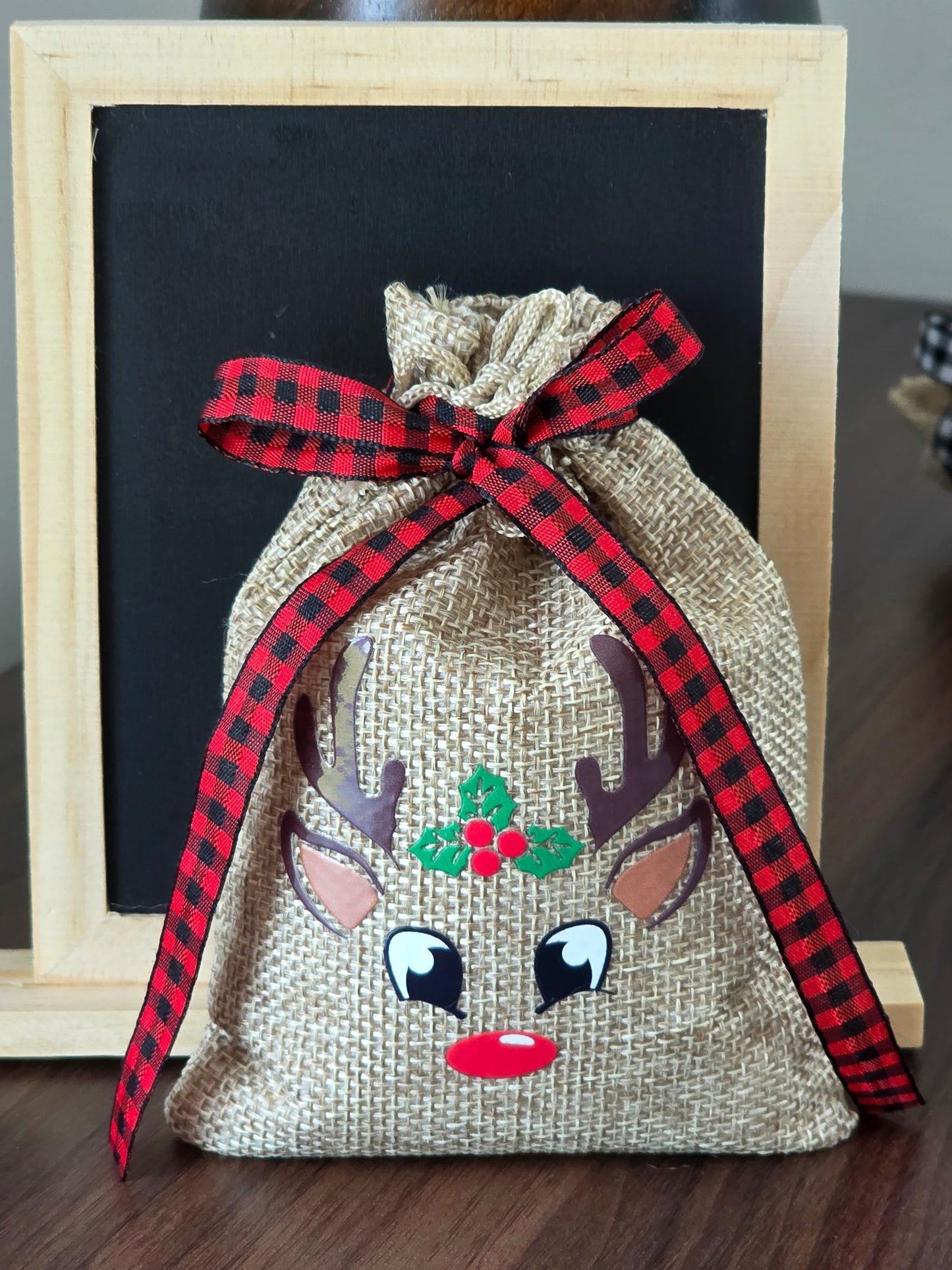 Small Reindeer Burlap Drawstring Bags - 5 Designs - 2 Ribbon Choices