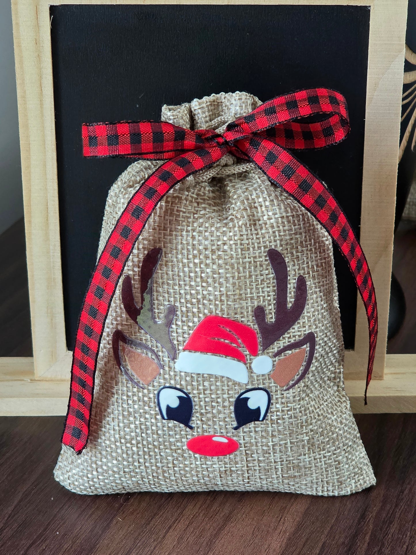 Small Reindeer Burlap Drawstring Bags - 5 Designs - 2 Ribbon Choices