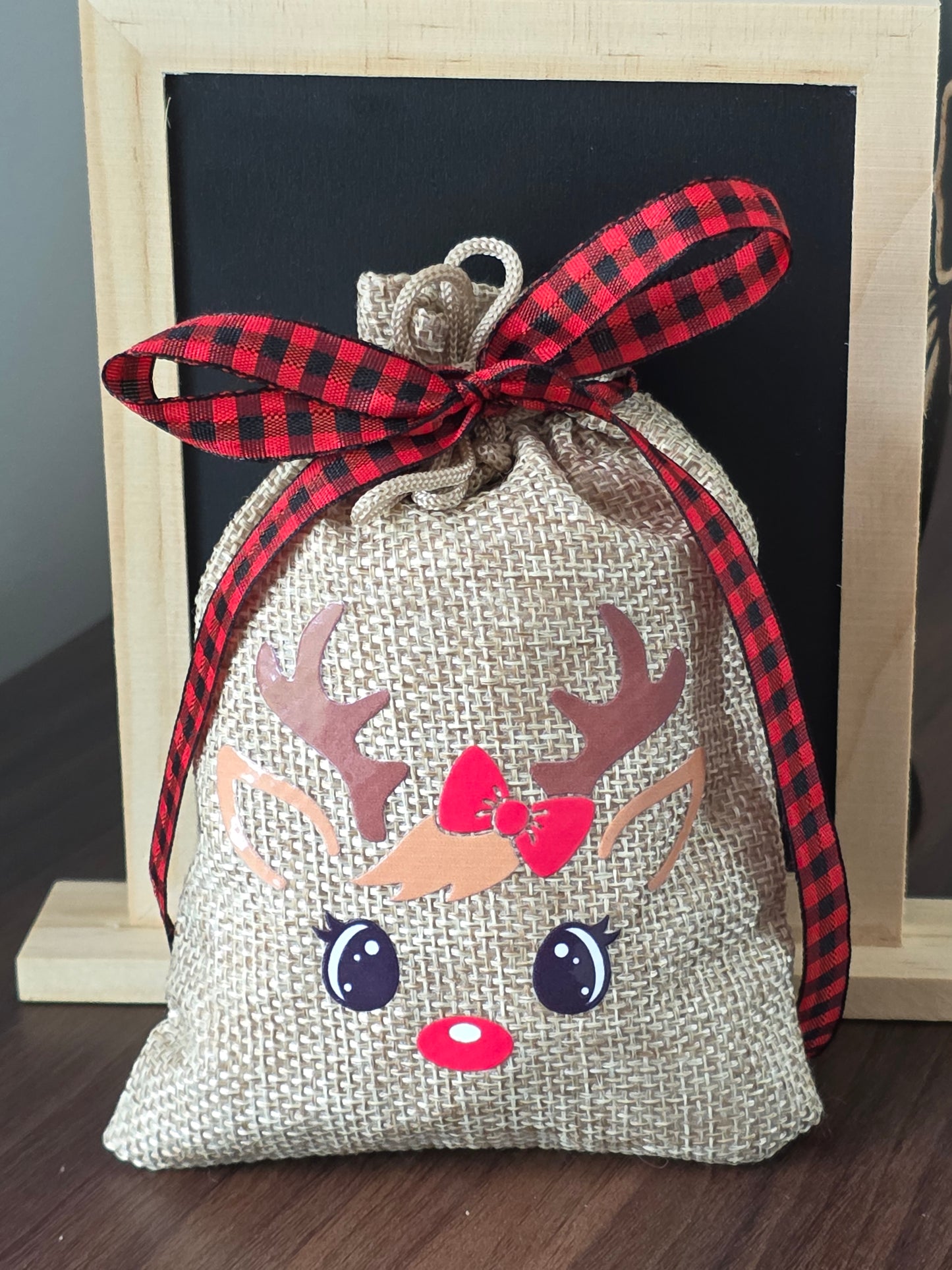 Small Reindeer Burlap Drawstring Bags - 5 Designs - 2 Ribbon Choices