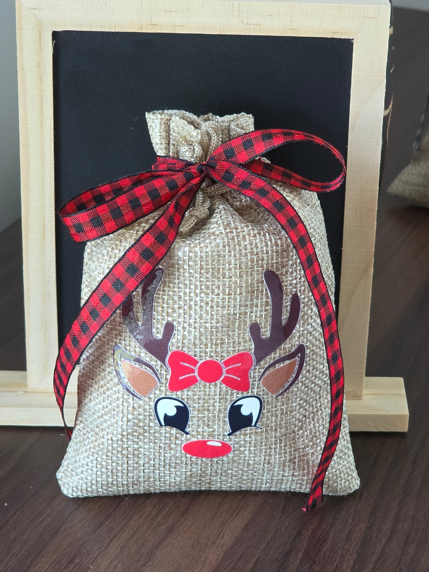 Small Reindeer Burlap Drawstring Bags - 5 Designs - 2 Ribbon Choices