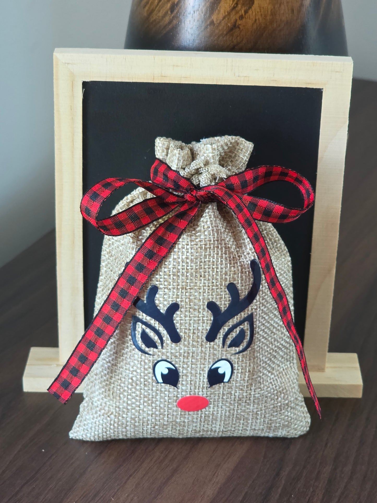 Small Reindeer Burlap Drawstring Bags - 5 Designs - 2 Ribbon Choices
