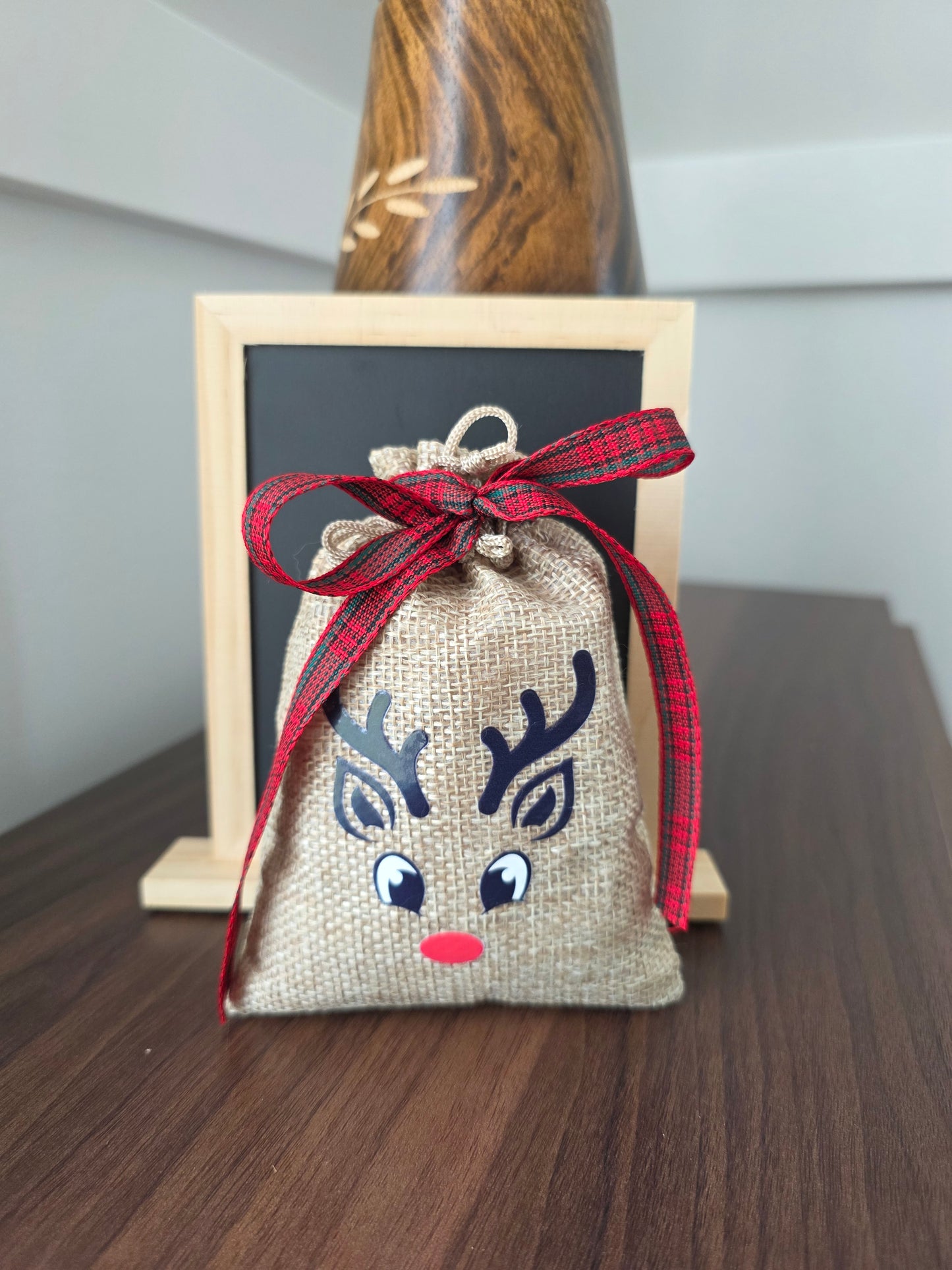 Small Reindeer Burlap Drawstring Bags - 5 Designs - 2 Ribbon Choices
