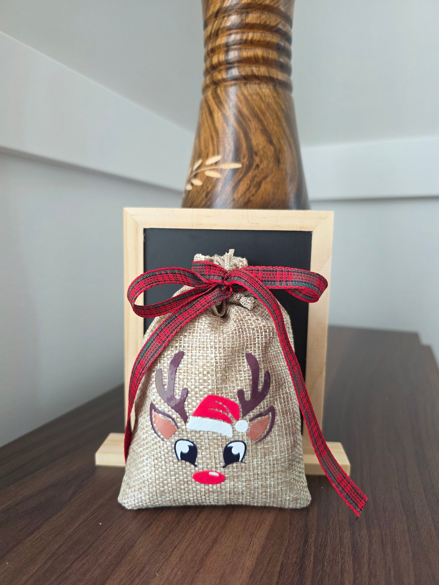 Small Reindeer Burlap Drawstring Bags - 5 Designs - 2 Ribbon Choices
