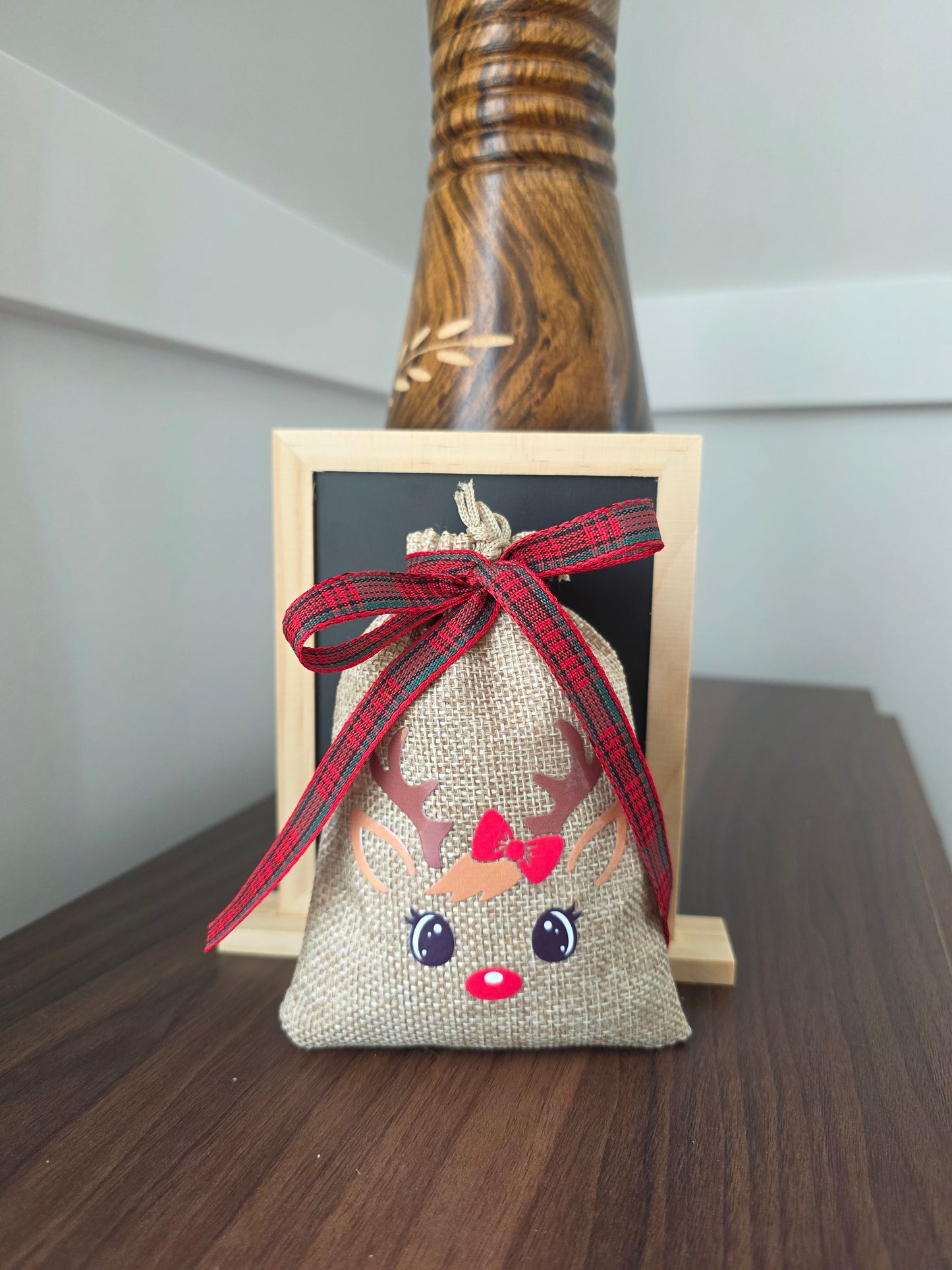 Small Reindeer Burlap Drawstring Bags - 5 Designs - 2 Ribbon Choices