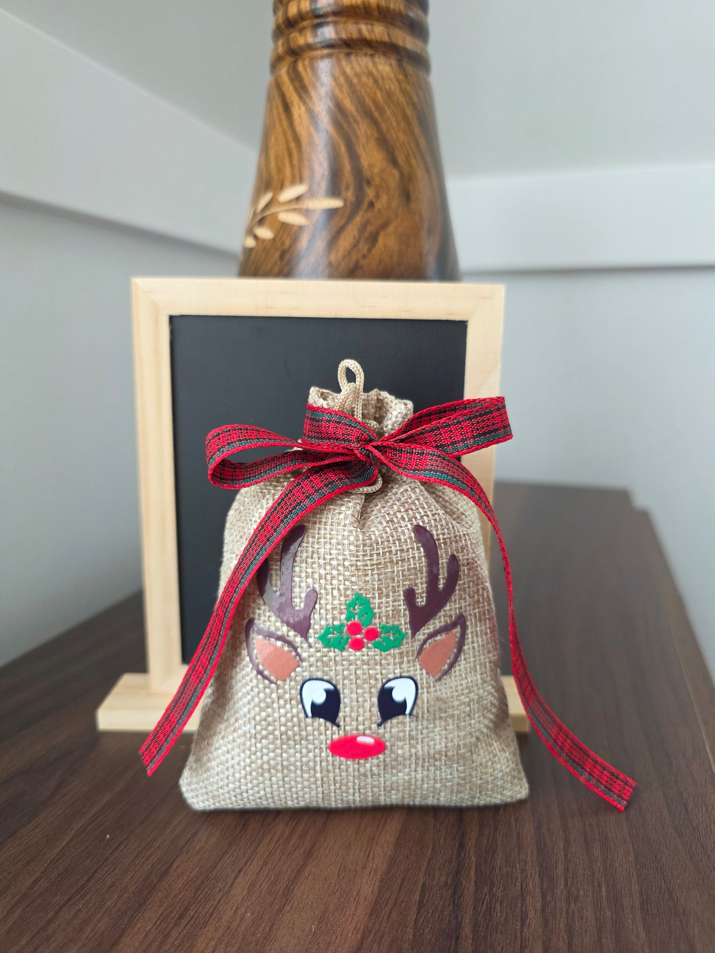Small Reindeer Burlap Drawstring Bags - 5 Designs - 2 Ribbon Choices