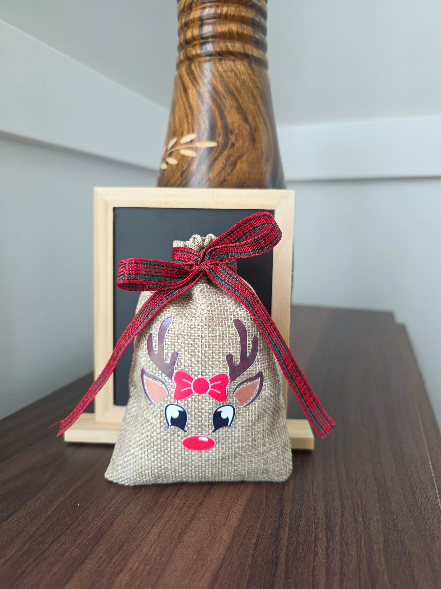 Small Reindeer Burlap Drawstring Bags - 5 Designs - 2 Ribbon Choices