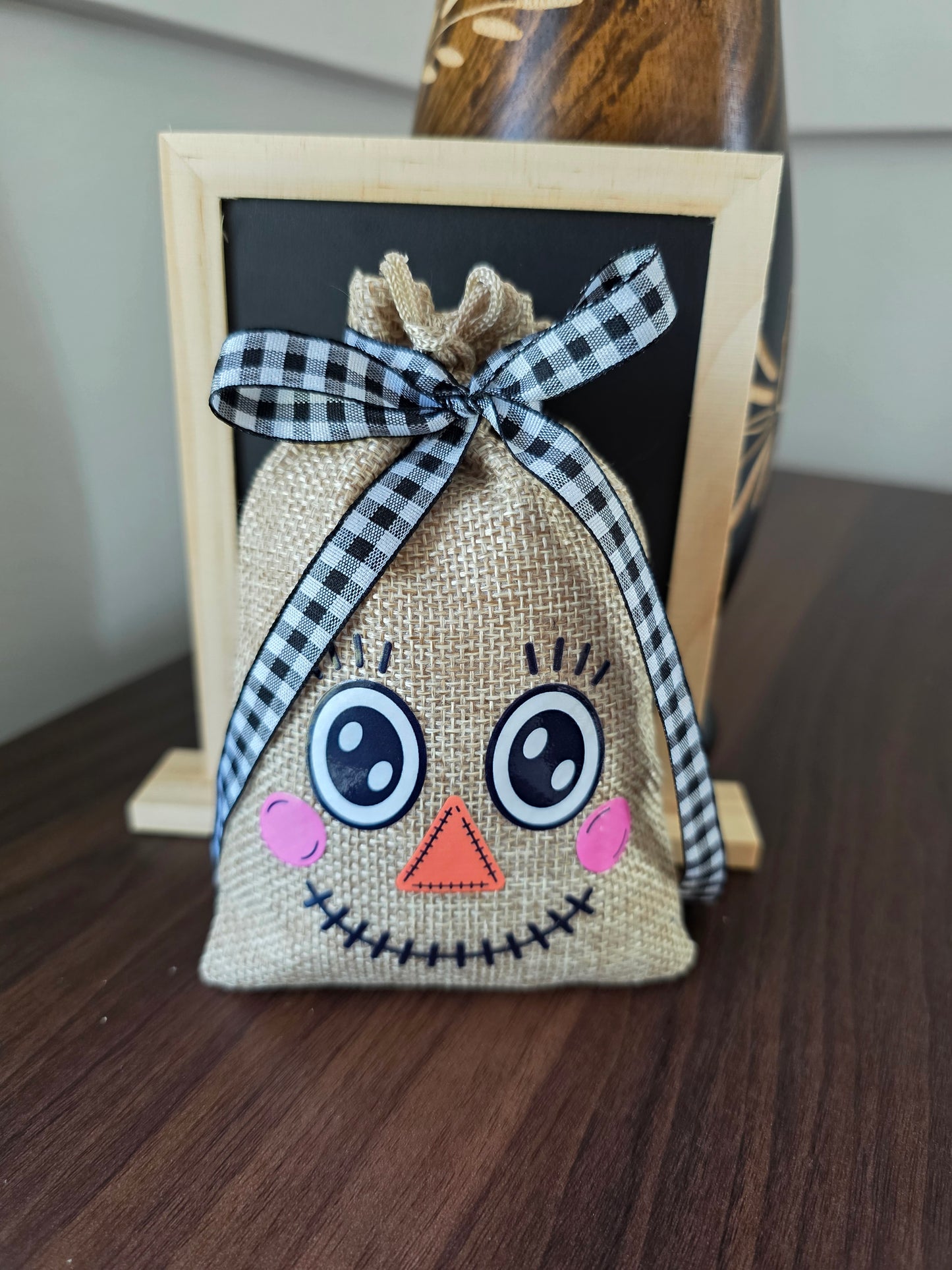 Small Scarecrow Burlap Drawstring Bags - 5 Designs - 2 Ribbon Choices