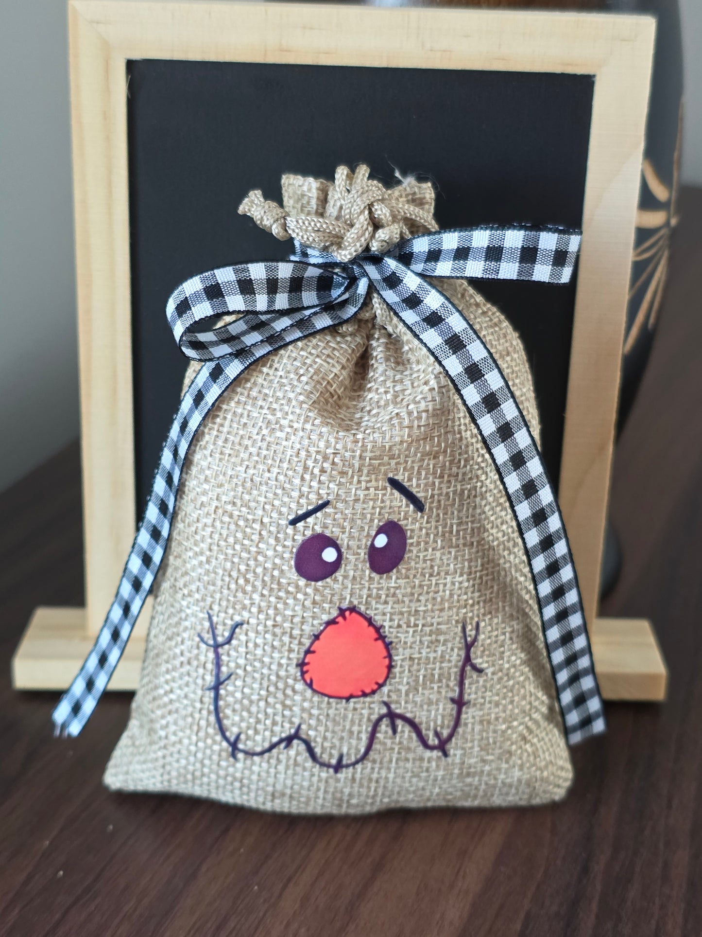 Small Scarecrow Burlap Drawstring Bags - 5 Designs - 2 Ribbon Choices