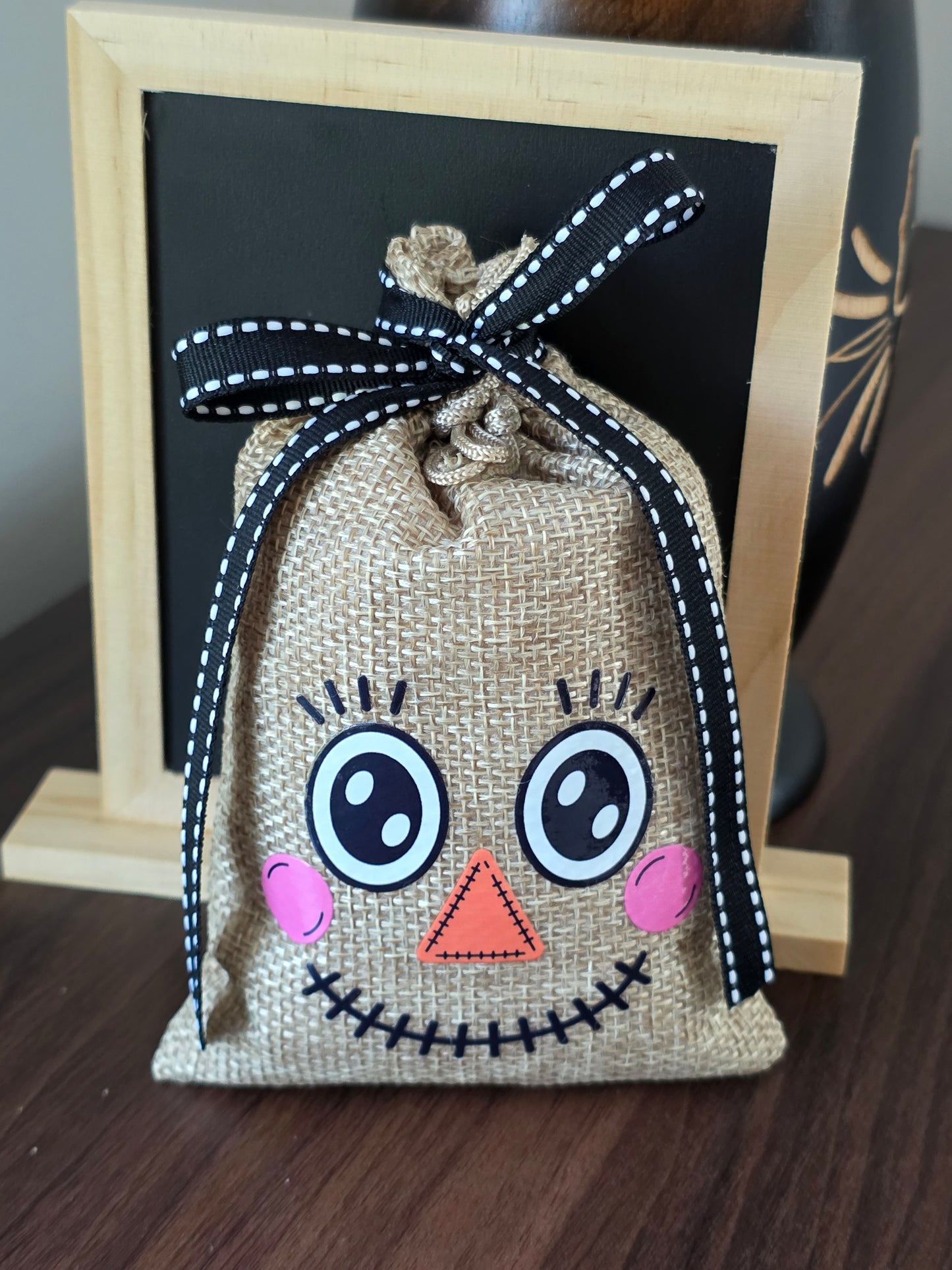 Small Scarecrow Burlap Drawstring Bags - 5 Designs - 2 Ribbon Choices