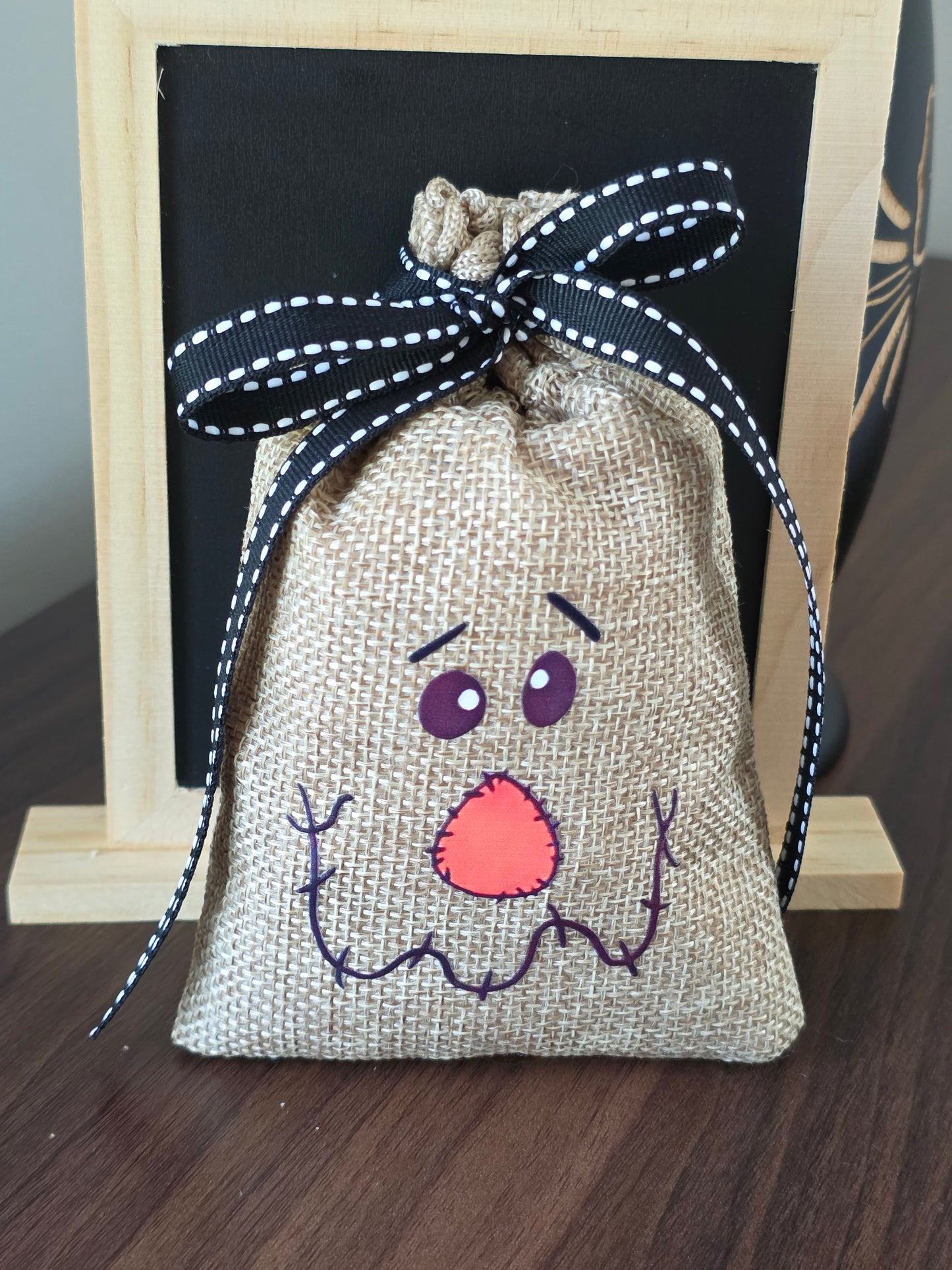 Small Scarecrow Burlap Drawstring Bags - 5 Designs - 2 Ribbon Choices