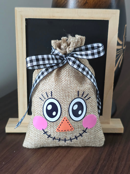 Small Scarecrow Burlap Drawstring Bags - 5 Designs - 2 Ribbon Choices