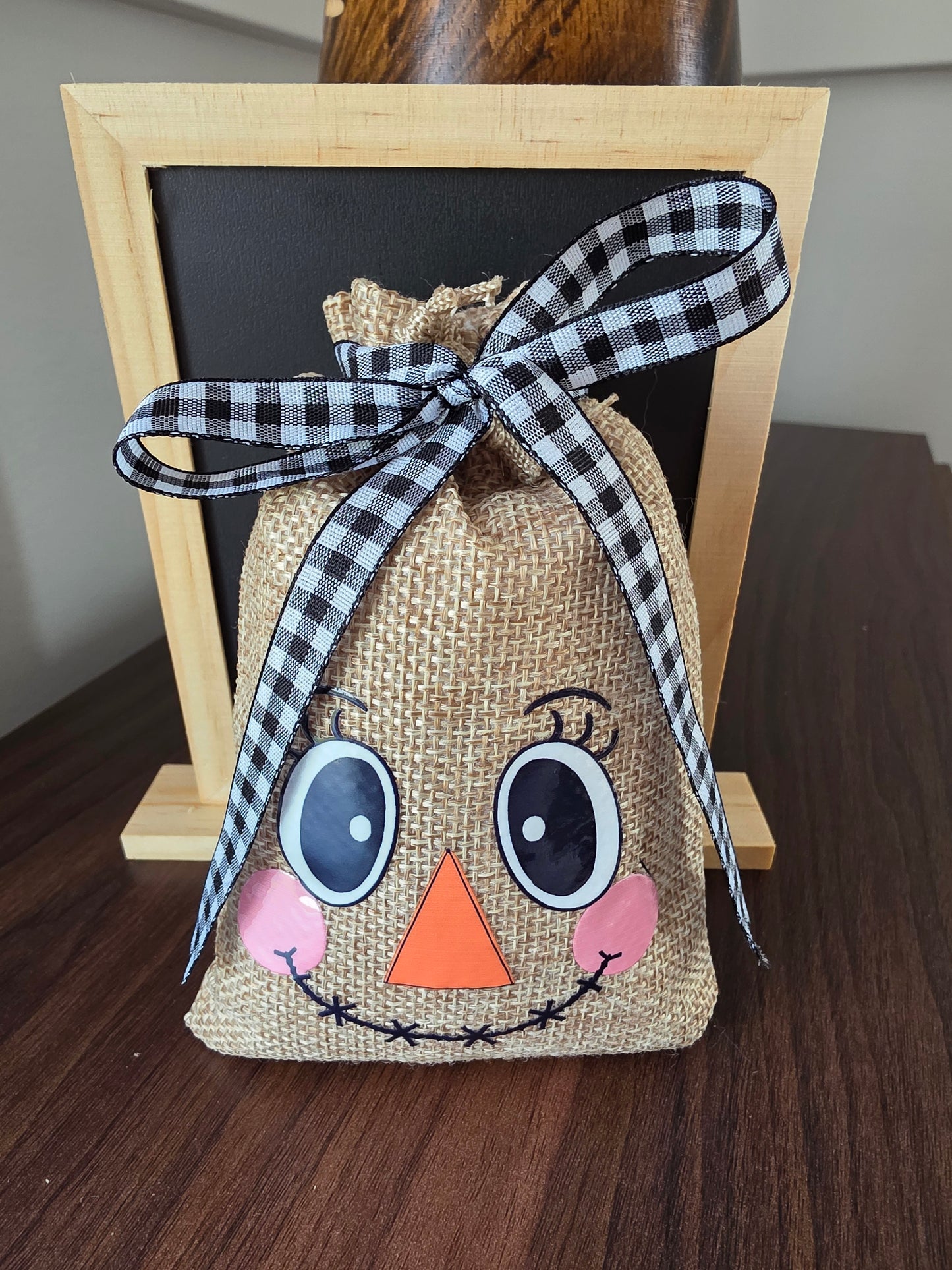 Small Scarecrow Burlap Drawstring Bags - 5 Designs - 2 Ribbon Choices