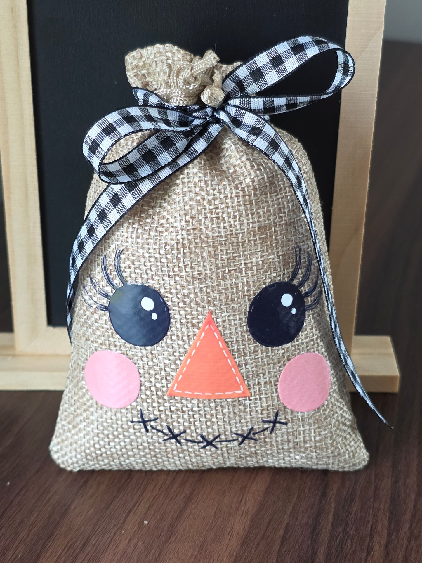 Small Scarecrow Burlap Drawstring Bags - 5 Designs - 2 Ribbon Choices