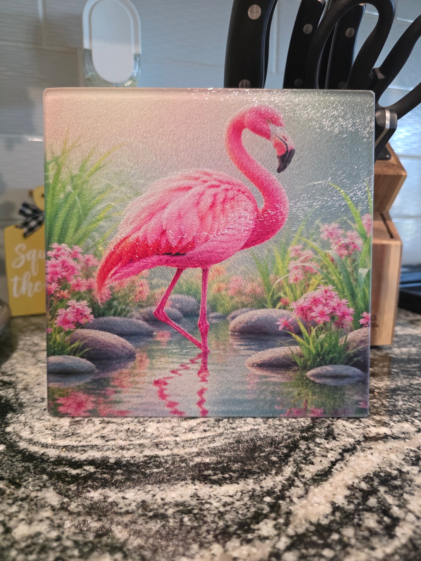 Mini Glass Kitchen Board/Trivet/Cutting Board w/ Flamingo Design