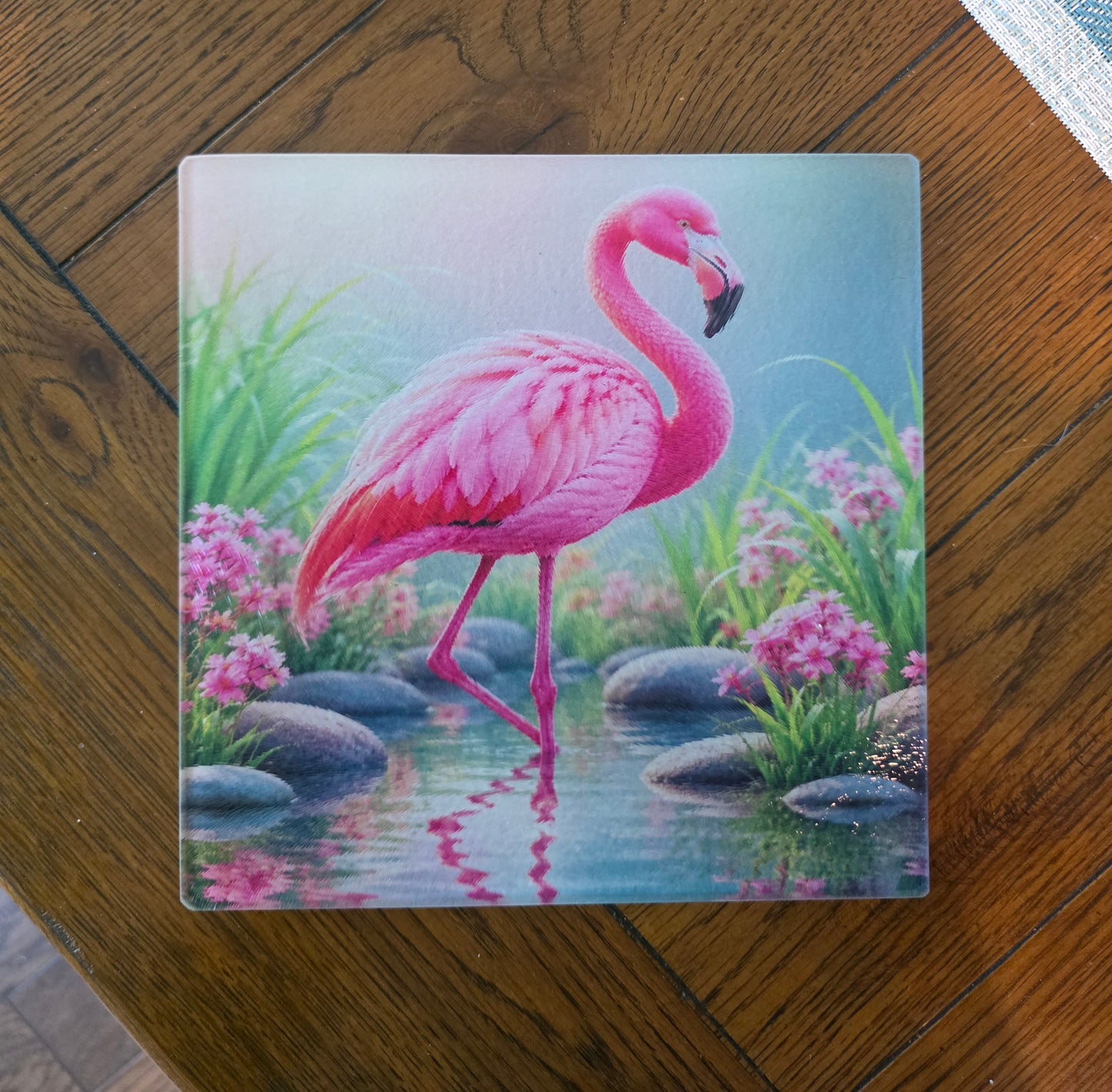 Mini Glass Kitchen Board/Trivet/Cutting Board w/ Flamingo Design