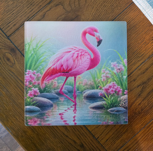Mini Glass Kitchen Board/Trivet/Cutting Board w/ Flamingo Design