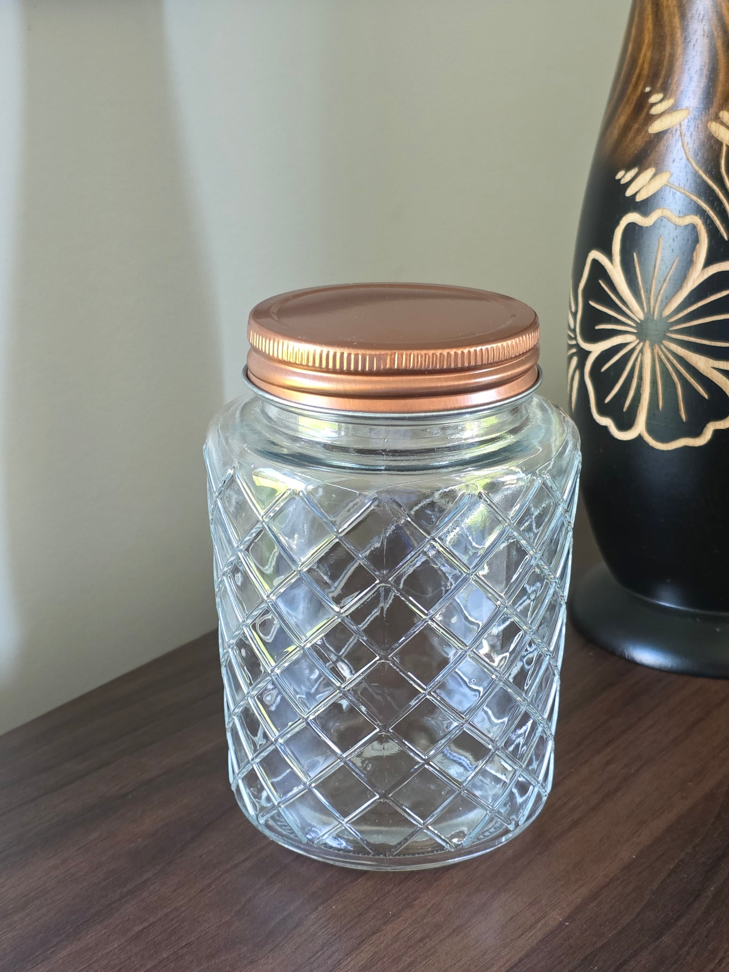 Custom Textured Lattice Pattern Glass Jars w / Rose Gold Metal Lids