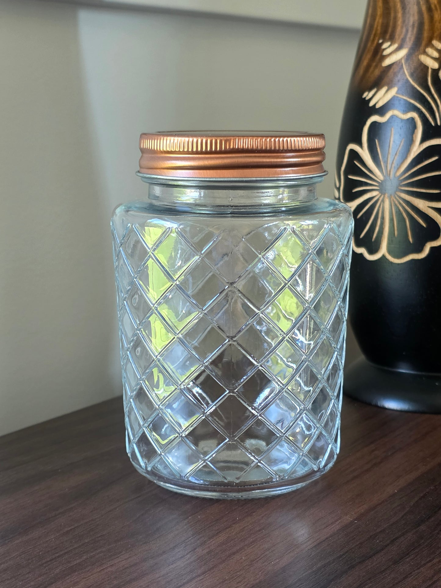 Custom Textured Lattice Pattern Glass Jars w / Rose Gold Metal Lids