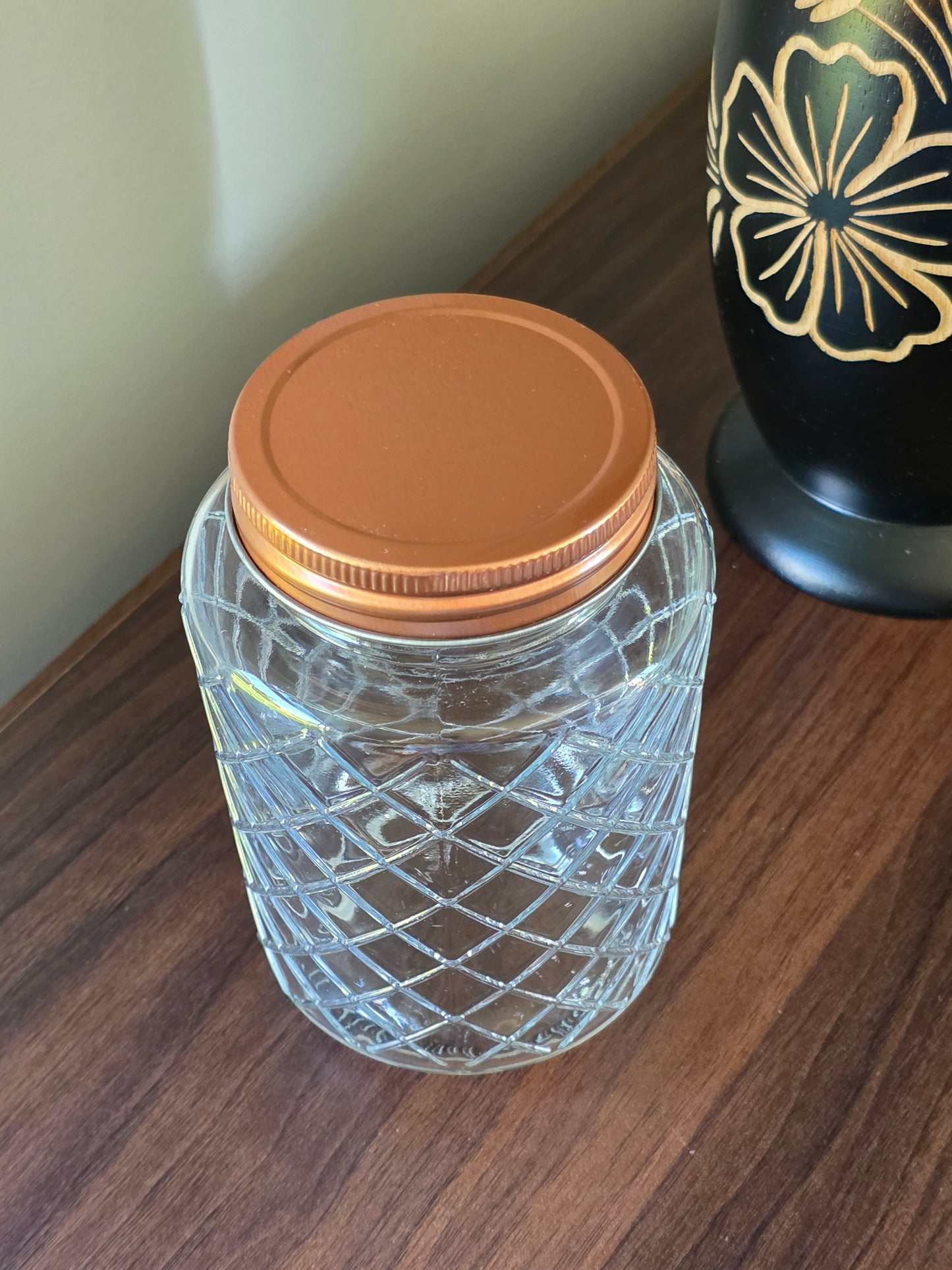 Custom Textured Lattice Pattern Glass Jars w / Rose Gold Metal Lids